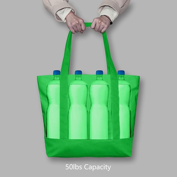 TOPDesign 1-Pack Canvas Tote Bag with an External Pocket, Reusable Grocery Shopping Bag, Top Zipper Closure, Daily Essentials (Lime Green)