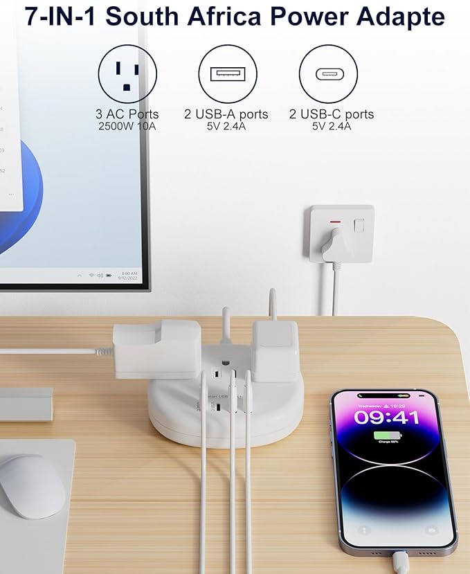 South Africa Plug Adapter, Type M Adapter for South Africa with 3 American Outlets 4 USB Ports (2 USB-C) Total 24W, Type M Plug Adapter for USA to South Africa Botswana Namibia Nepal Bhutan