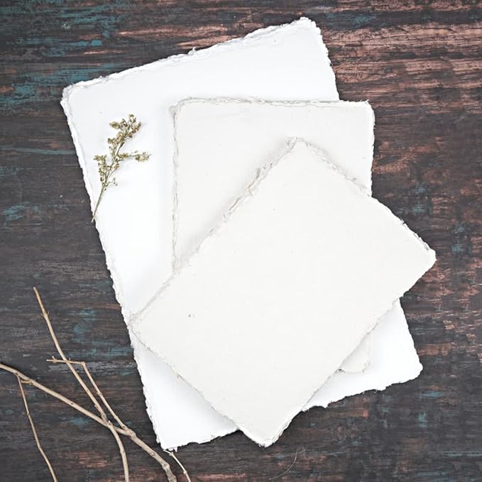 400 GSM / 25 Sheets - Rough/Textured Watercolor Drawing/Sketching Paper - 6"X4"(A6)- Handmade/Deckle Edge Paper Made from Virgin Egyptian Cotton - Off-White by Leather Village