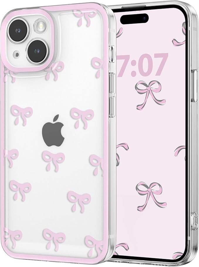 EYZUTAK Case for iPhone 13, Clear Cute Ribbon Bowknot Pattern Aesthetic Transparent Phone Case Raised Camera Protection Stylish Slim Soft Durable TPU Protective Cover for Women Girls - Pink