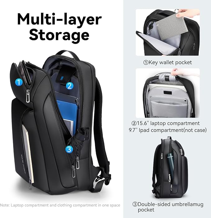 Muzee Business Backpack for Men, Travel Laptop Backpack Fits 15.6 Inch, Waterproof Expandable Bag 25L-35L, Black Work Daypack with USB & USB-C Charging Ports, Anti-Theft Pocket, Luggage Strap
