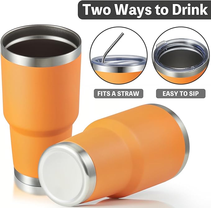 MEWAY 30oz Insulated Tumbler With Lids and Straws,Stainless Steel Double Vacuum Coffee Tumbler Cup, Brush, Durable Powder Coated Coffee Cup for Cold & Hot Drinks, Office, Travel(Orange,4 PACK)