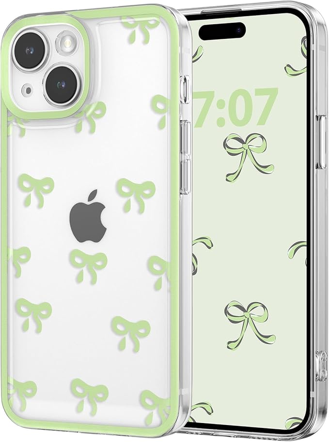 EYZUTAK Case for iPhone 14 Plus, Clear Cute Ribbon Bowknot Pattern Aesthetic Transparent Phone Case Raised Camera Protection Stylish Slim Soft Durable TPU Protective Cover for Women Girls - Green