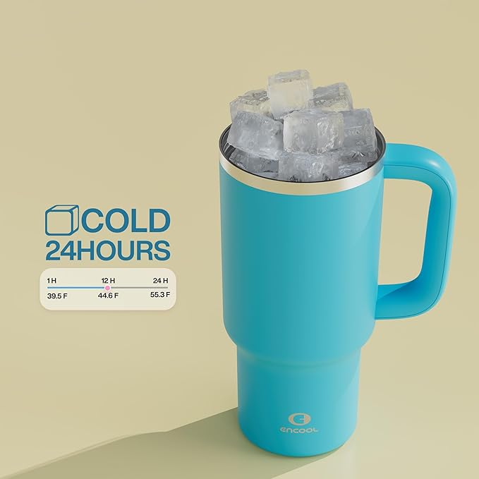 32 oz Tumbler with Handle and Straw: Stainless Steel Insulated Tumbler Keeps Cold for 24 Hours, Leakproof Travel Cup Fits in Cup Holder and BPA-Free, Azure Blue