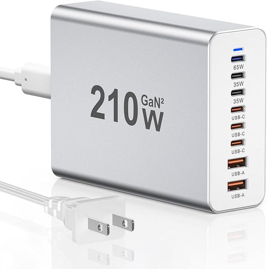 USB C Charger 210W Block, GaN 8-Port USB-C PD Fast Charging Station Desktop Hub, PD65W Laptop Charge Adapter Compatible with MacBook Pro/Air/DELL/Steam Deck/iPhone 16/15/Galaxy S22/S23