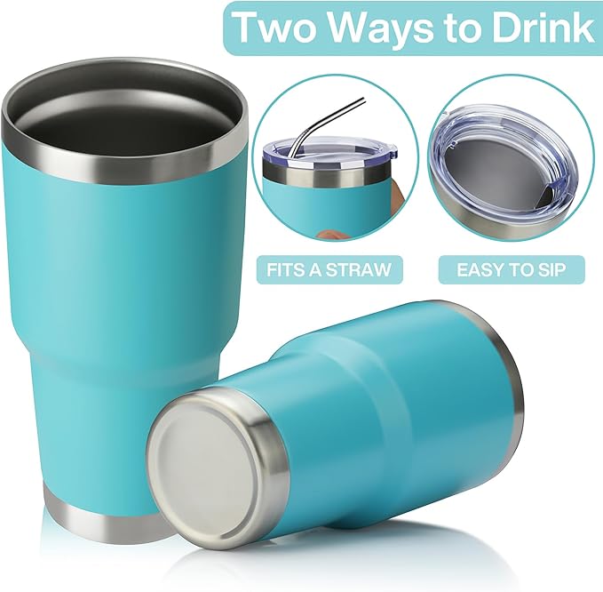 MEWAY 30oz Insulated Tumbler With Lids and Straws,Stainless Steel Double Vacuum Coffee Tumbler Cup, Brush, Durable Powder Coated Coffee Cup for Cold & Hot Drinks, Office, Travel(Light Blue,4 PACK)