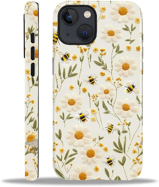 Case for iPhone 15 Case,Bees Sunflowers Design - Hybrid Dual Protection Silicone + Hard PC Shockproof Full Body Cover Slim Anti-Scratch Protective Case for Men Women