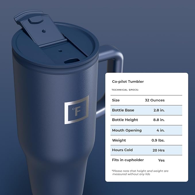 IRON °FLASK Co-Pilot Insulated Mug w/Straw & Flip Cap Lids - Cup Holder Bottle for Hot, Cold Drink - Leak-Proof - Water, Coffee Portable Travel Mug - Twilight Blue, 32 Oz
