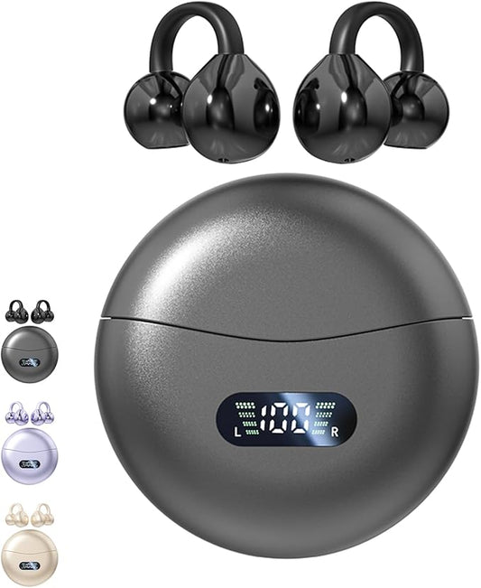 Clip on Earbuds Open Ear Wireless Bluetooth 5.4 Headphones with Mic,60H Play,Noise Cancelling,Waterproof,Sports Ear Buds,Comfortable for Small Ears & Glasses Wearers,Workouts (Black)