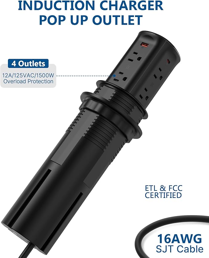 Pop up Outlet for Countertop,3-1/8 inch Hole Desk Grommet Power Station,20W USB C Fast Charging,8 Outlets 4-USB,Kitchen Island Pop Up Electrical Outlet,ETL Listed