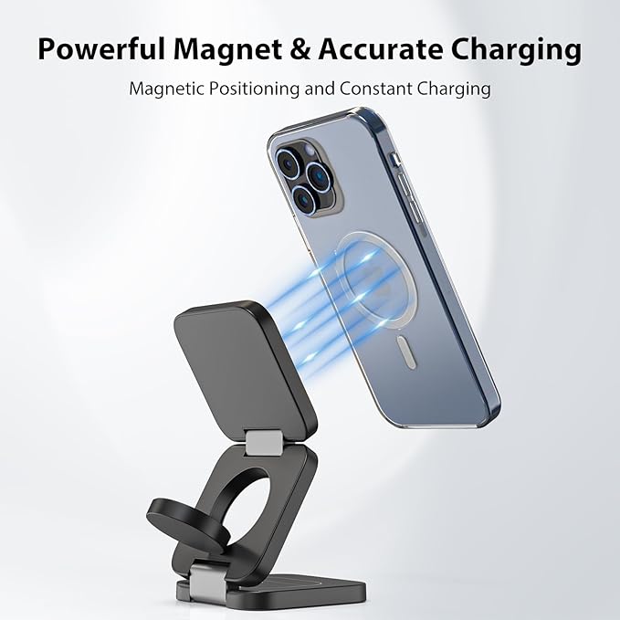 Fast Wireless Charger, Magnetic Foldable 3 in 1 Charging Station for iPhone 17/16/15/14/13/12/Pro/Plus/Pro Max, 5W Portable Charger for Apple Watch10/9/8/7/6/5/4/3/SE, for Airpods3/2/Pro-Black