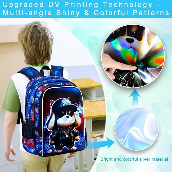 CCJPX 16" Kids Backpack for Boys, 3PCS Dog Water Resistant Preschool Bookbags with Lunch Box, Cool School Bag for Toddler Kids