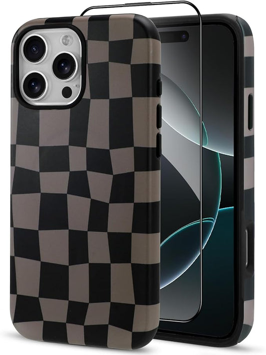 SOKAD Magnetic Checkered Phone Case for iPhone 16 Pro, Cute Grids Plaid Checkerboard Pattern Compatible with Magsafe Matte Protective Case Cover with Screen Protector for Girls Women, Black & Brown