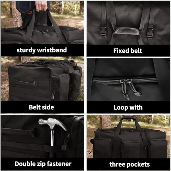 Large Military Travel Duffle Bag Tactical Camping Storage Utility Tote Bag Camping Kitchen Organizer with Deployment Cargo Bag Travel Sports Equipment (Black, Large 25.59"x13.78"x13.78")