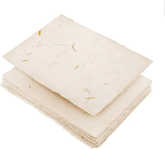 Wanderings Handmade Cream Deckle Edge Blank Paper with Straw - 4x6 - Pack of 50 - Watercolour/Mixed Media Paper - Save The Date Invitations Greeting Cards Notes DIY Arts Crafts - Thick 150 GSM
