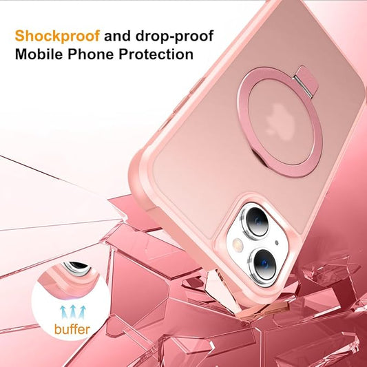 Magnetic Compatible with iPhone 15 Case with Stand [Military Grade Drop Tested][Compatible with Magnet] Ring Translucent Slim Hard Back Soft Edge, Pink