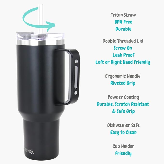 Drinco 40oz 30 oz Tumbler with Handle, Straw Lid, Insulated Stainless Steel Travel Mug Water Bottle Ice Coffee Cup For Cold and Hot, BigSur (40oz, Black)