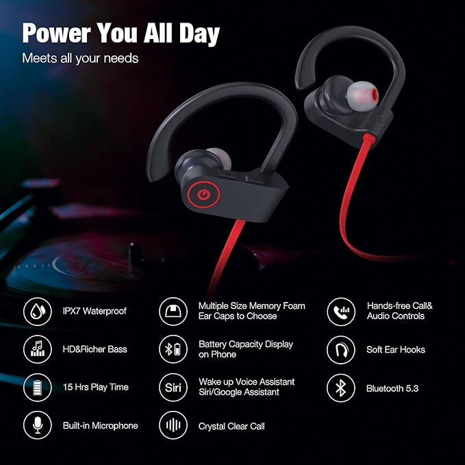 Boean Bluetooth Headphones Wireless Earbuds Bluetooth 5.3 Running Headphones IPX7 Waterproof Earphones with 16 Hrs Playtime Stereo Sound Isolation Headsets for Workout Gym