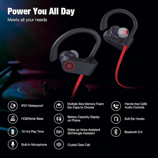 Boean Bluetooth Headphones Wireless Earbuds Bluetooth 5.3 Running Headphones IPX7 Waterproof Earphones with 16 Hrs Playtime Stereo Sound Isolation Headsets for Workout Gym