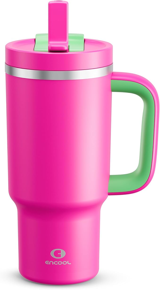 32 oz Tumbler with Handle and Straw: Stainless Steel Insulated Tumbler Keeps Cold for 24 Hours, Leakproof Travel Cup Fits in Cup Holder and BPA-Free, Knockout Pink
