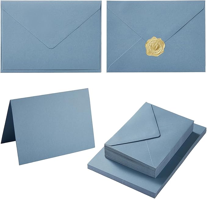 50 Pack Dusty Blue A6 Envelopes with Cards 4x6 Thick Folded Cardstock and Gold Stickers for Greeting Cards, Wedding, Birthday, Invitations, Baby Showers (Dusty Blue, 4x6)