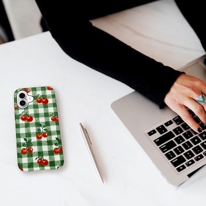 DAIZAG Case Compatible with for iPhone 16,Green Red Checkerboard Tomatoes Watercolor Phone Case for iPhone 16 for Girl Women Boy Men