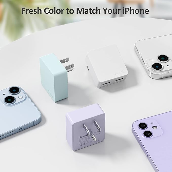 Nekmit Flat USB Wall Charger, Dual Port Slim USB Wall Charger with Smart IC for iPhone 14/14 Pro/14 Pro Max/13/13 Pro/13 Pro Max/12/12 mini/12 Pro, Galaxy, Pixel, iPad Pro, AirPods and More, Purple