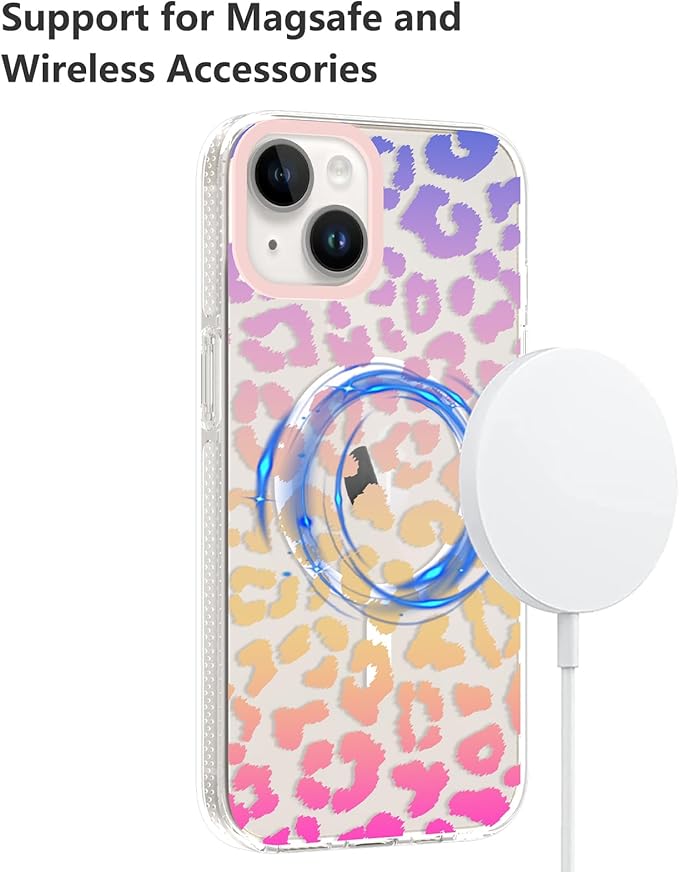 SAKUULO Magnetic for iPhone 15 Case Colourful Leopard Print Pattern [Compatible with MagSafe] [with Screen Protector] Wireless Charge Strengthen Protection Cover, Colourful Leopard (6.1")