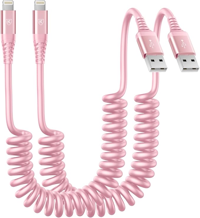 iPhone Charger Cable for Car 3FT, 2Pack Coiled Coiled Lightning Cable [Apple MFi Certified] iPhone Cable Compatible with iPhone14/13/12/11 Pro Max/XS MAX/XR/XS/X/8/7/Plus-Pink