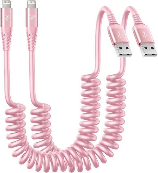 iPhone Charger Cable for Car 3FT, 2Pack Coiled Coiled Lightning Cable [Apple MFi Certified] iPhone Cable Compatible with iPhone14/13/12/11 Pro Max/XS MAX/XR/XS/X/8/7/Plus-Pink