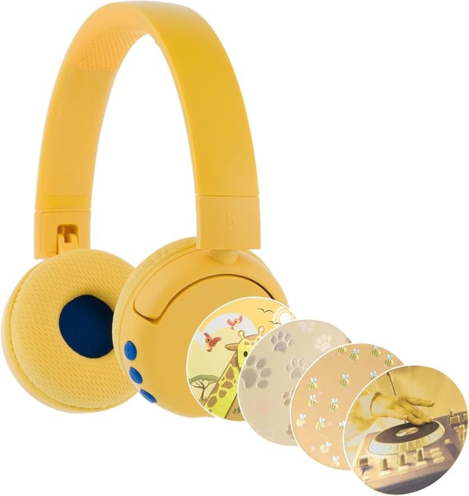 BuddyPhones POP Fun | Foldable Bluetooth Kids Headphones + Microphone, Works Wired or Wireless - SafeAudio Volume Limiting for iPhone/iPad/Tablet/PC and More (Yellow)