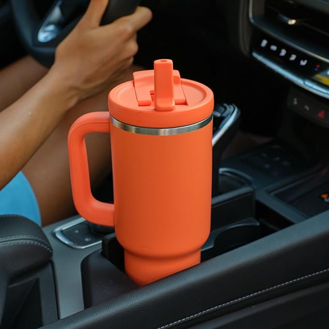 40 oz Tumbler with Handle and Straw: Stainless Steel Insulated Tumbler Keeps Cold for 24 Hours, Leakproof Travel Cup Fits in Cup Holder and BPA-Free, Moderate Orange