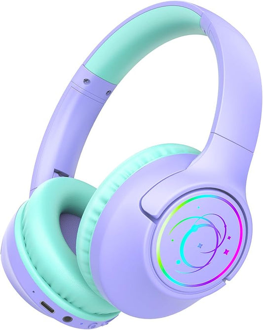 Kids Bluetooth Headphones, 85H Playtime Wireless Headphones for Kids, Colorful LED Lights, 85/94dB Safe Volume Limit, Bluetooth 5.4 Built-in Mic Toddler Headset for Tablet/Airplane/Travel (Purple)