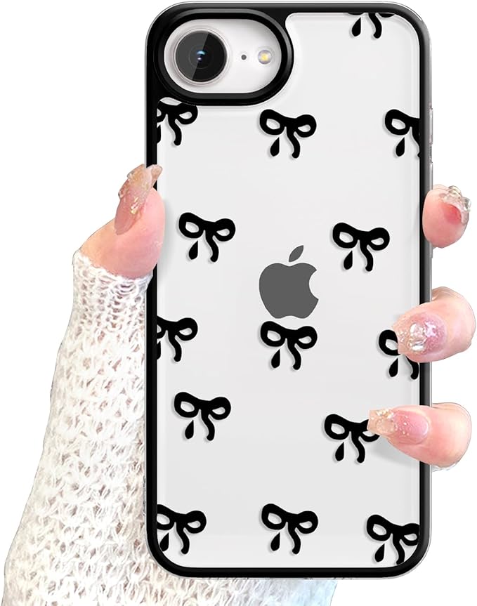 EYZUTAK Case for iPhone 16e, Clear Cute Ribbon Bowknot Pattern Aesthetic Transparent Phone Case Raised Camera Protection Stylish Slim Soft Durable TPU Protective Cover for Women Girls - Black