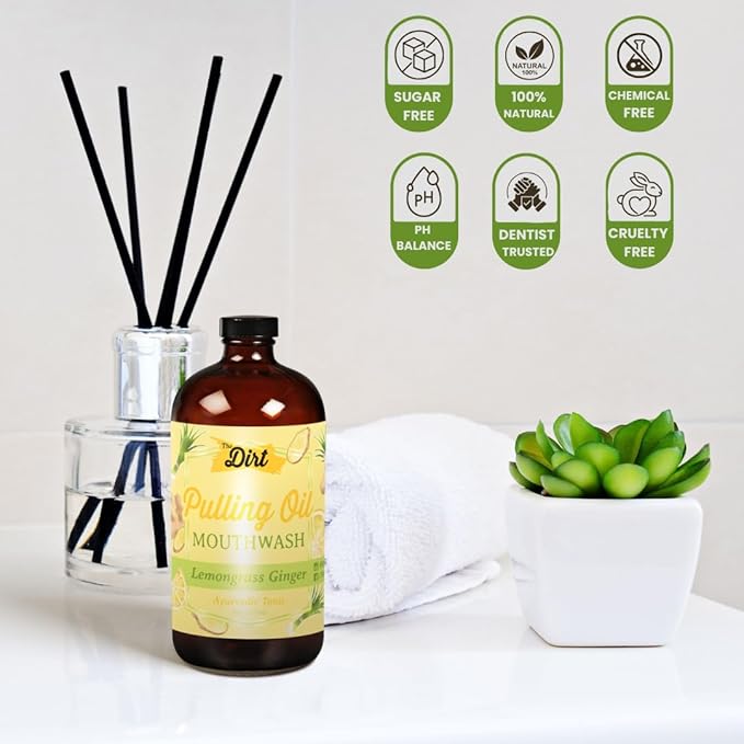 THE DIRT Oil Pulling Mouthwash - Gluten Free - Removes Plaque, Tartar, Bad Breath & Whitens Teeth (Lemongrass & Ginger, 8 Ounce)