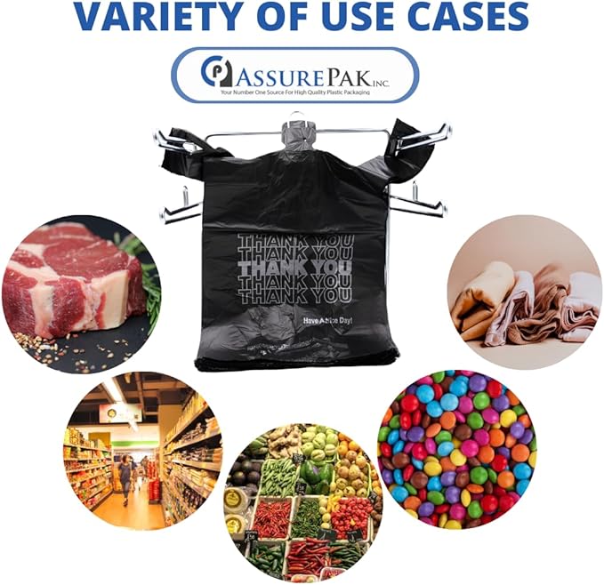 Easy Open - 800 Bags - Black Printed HDPE T-Shirt Bags - 1/6 BBL 11.5"X6"X21" - 13 microns - Black - Thank You Shopping Bags for Retail, Takeout, Restaurant Supplies – 208015STY-EO