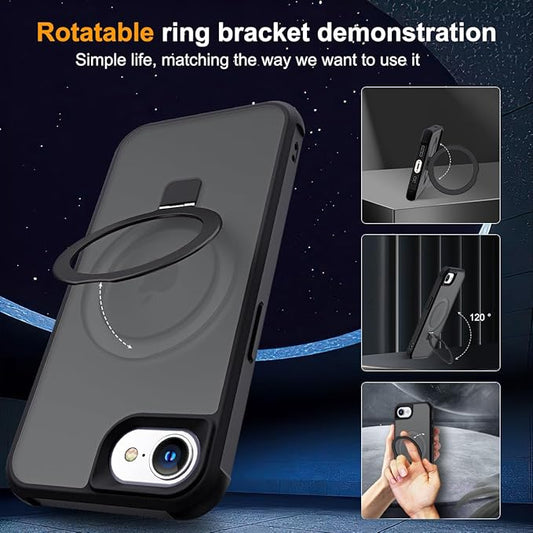 Compatible with iPhone 16E Case with Invisible Magnetic O-Ring Stand Military-Grade Translucent Case for iPhone 16E 6.1" 2025 [Compatible with Mag-Safe][Great Grip Feeling], Black