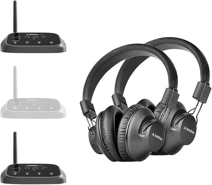 Avantree Shift - Wireless TV Multiple Headphones Pack, Ideal for Watching 2 or More TVs, with Cross-Compatibility, Pass-Through, Long Range, Scalable to 3 Transmitters and 100 Headphones