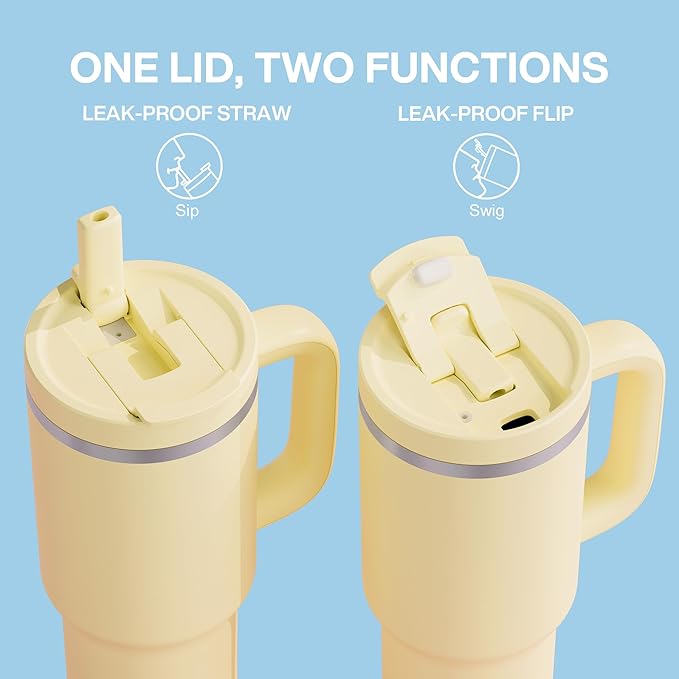 40 oz Tumbler with Handle and Straw: Stainless Steel Insulated Tumbler Keeps Cold for 24 Hours, Leakproof Travel Cup Fits in Cup Holder and BPA-Free, Light Vanilla