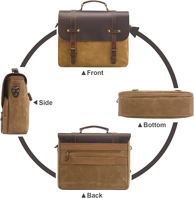 Mens Messenger Bag Waxed Canvas Laptop Briefcase 15.6“ Vintage Genuine Leather Crossbody Bags Waterproof Satchel Shoulder Bag