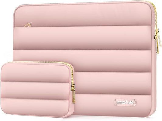 MOSISO 15-15.6 inch Laptop Case, 16 inch Puffy Laptop Sleeve Compatible with MacBook Pro 16, HP Dell ASUS Acer Toshiba Lenovo Notebook Computer, Polyester Horizontal Bag with Small Case, Pink