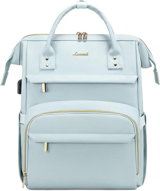 LOVEVOOK Leather Laptop Backpack for Women 15.6 inch,Travel Backpack Purse Nurse Teacher Backpack Computer Laptop Bag,Professional College Business Work Bags Carry On Backpacks with USB Port,Pink Blue