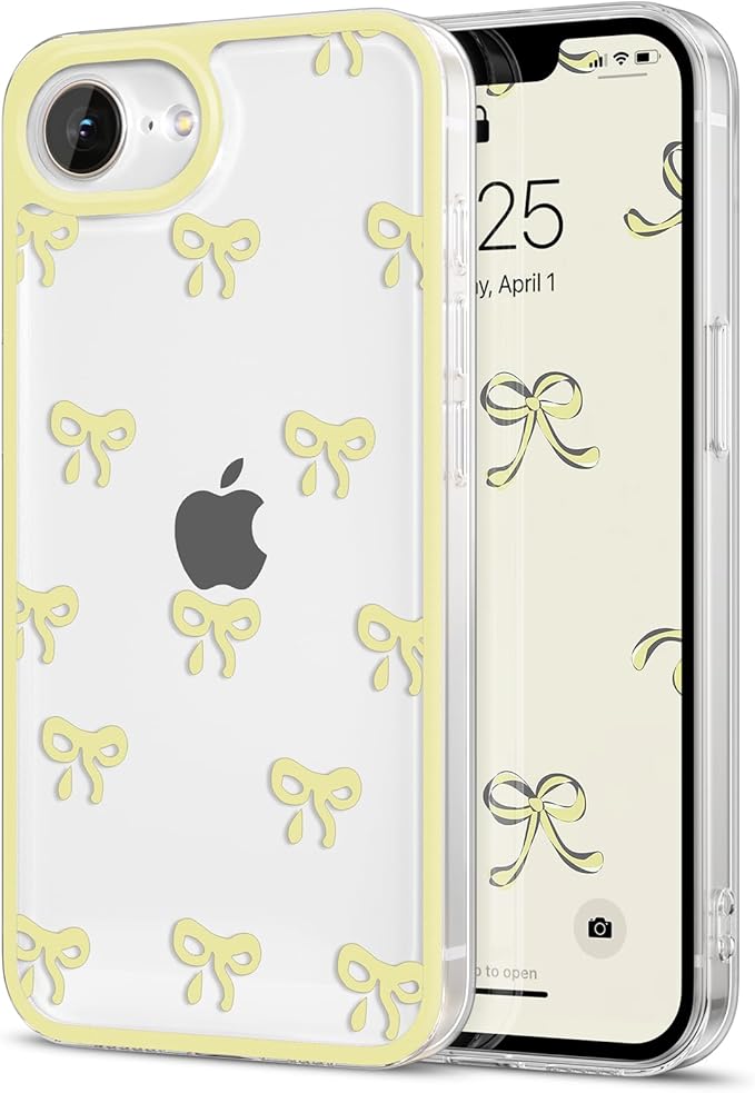 EYZUTAK Case for iPhone 16e, Clear Cute Ribbon Bowknot Pattern Aesthetic Transparent Phone Case Raised Camera Protection Stylish Slim Soft Durable TPU Protective Cover for Women Girls - Yellow