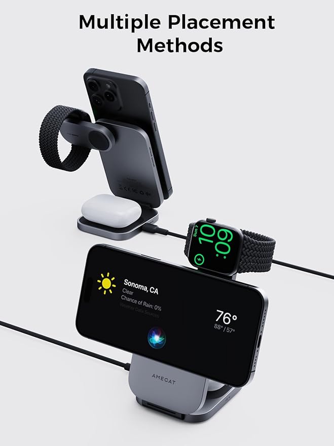 3 in 1 Charging Station, MagFusion Z Foldable Qi2 Certified 15W Wireless Charger Stand Compatible with MagSafe for iPhone 17/16/15/14/13/12, Apple Watch, AirPods (30W PD Charger Included)