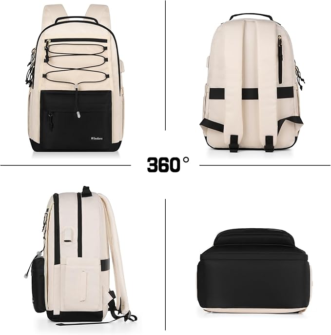 School Backpack for Teens Girls, Aesthetic College Backpack Large Bookbag for Women Students Fashion 15.6 Inch Laptop Bag for Work Travel (Black Beige)