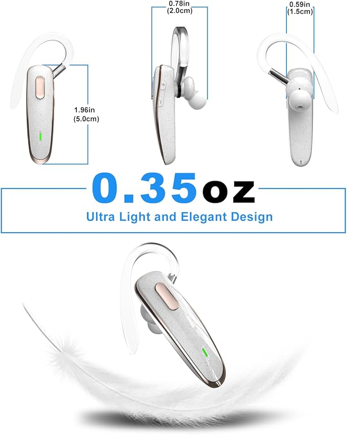 Bluetooth Headset, V5.1 Ultralight Wireless Handsfree Earpiece Cell Phone with Noise Cancellation Microphone for iOS Android Trucker Driver- White