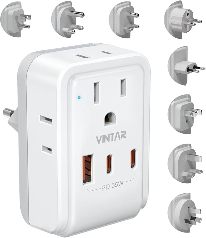 Universal Travel Adapter Kit, VINTAR PD 35W International Power Adapter with 4 AC 3 USB Ports(2 USB C), Type A,B,C,D,E/F,G,I,M Swap Adapt Attachments, Travel Adapter Worldwide for Europe/Africa/AUS