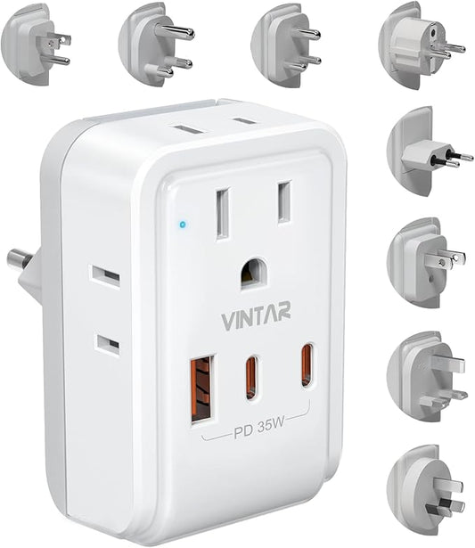 Universal Travel Adapter Kit, VINTAR PD 35W International Power Adapter with 4 AC 3 USB Ports(2 USB C), Type A,B,C,D,E/F,G,I,M Swap Adapt Attachments, Travel Adapter Worldwide for Europe/Africa/AUS