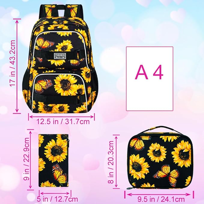 3Pcs Backpack for Girls Boys, 17 Inch School Bookbag with Lunch Box, Durable Laptop Backpacks Set for Teens College