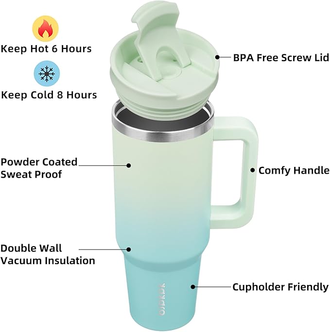 BJPKPK 40 oz Insulated Tumbler With Lid And Straw Stainless Steel Tumblers Cup With Handle For Women And Men,Mint